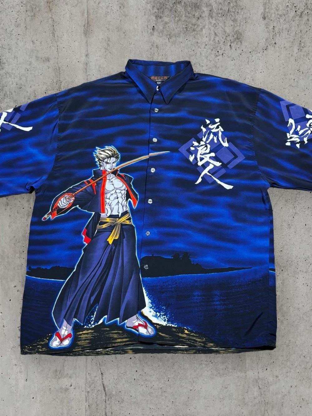 Vintage Mecca Sport Samurai Anime All Over Print Shirt XXL Made in Korea Y2K